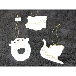 Avon Bisque Porcelain Ornaments 24 K Gold Accents Christmas‎ sled angel wreath